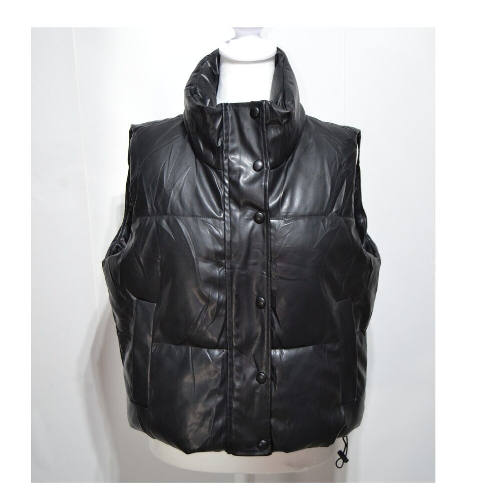 Shein Black Faux Leather Woman's Puffer Vest Size Small